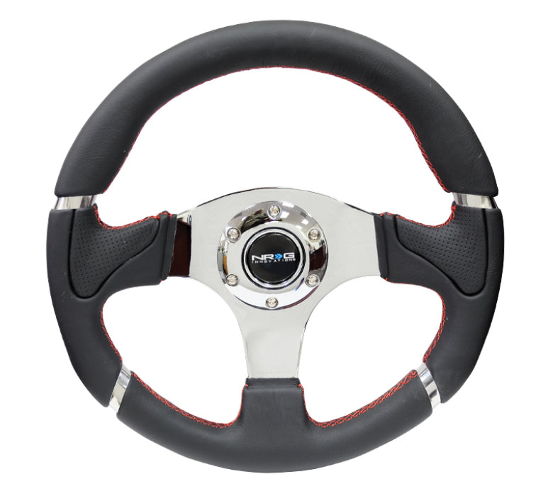 NRG Reinforced Steering Wheel (320mm) Blk Leather/Red Stitching w/Chrome 3-Spoke Center