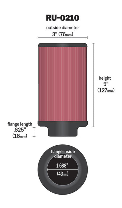 K&N Filter Universal Rubber Filter 1-11/16in FLG / 3in OD / 5in Height