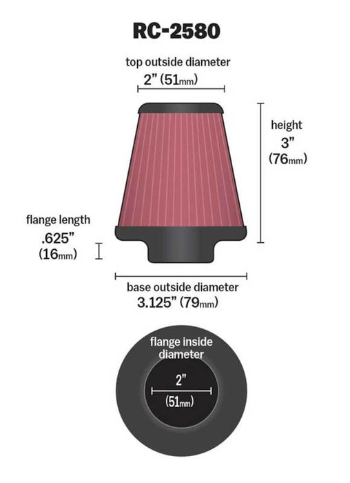 K&N Universal Clamp-On Air Filter 2in FLG / 3-1/8in B / 2in T / 3in L