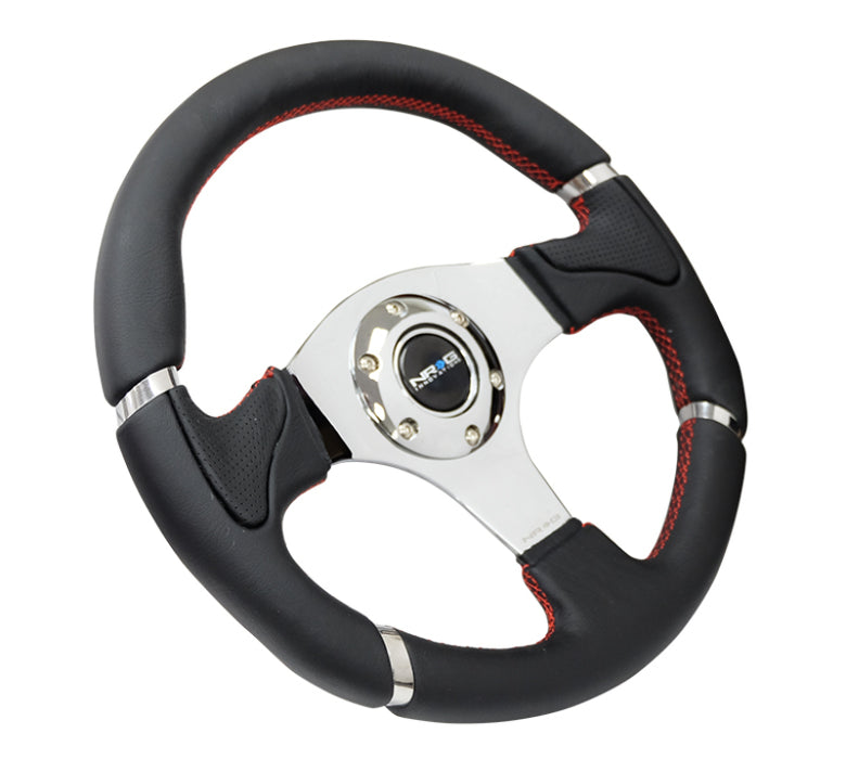 NRG Reinforced Steering Wheel (320mm) Blk Leather/Red Stitching w/Chrome 3-Spoke Center