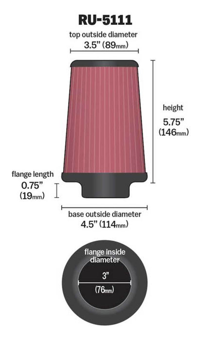 K&N Filter Universal Rubber Filter 3  Flange 4 1/2 Base inch 3 1/2 inch Top 5 3/4 inch Height