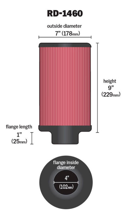 K&N Universal Air Filter 4in Flange ID 7in OD 9in Height